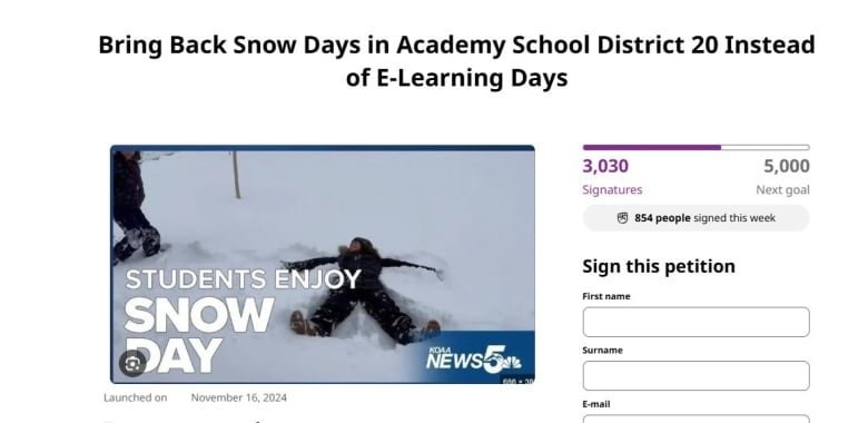 Screenshot of a change.org petition titled "Bring Back Snow Days in Academy School District 20 Instead of E-Learning Days." It has 3,060 out of 5,000 signatures and features a local news clip with a thumbnail of kid making a snow angel and the headline "Students Enjoy Snow Day."