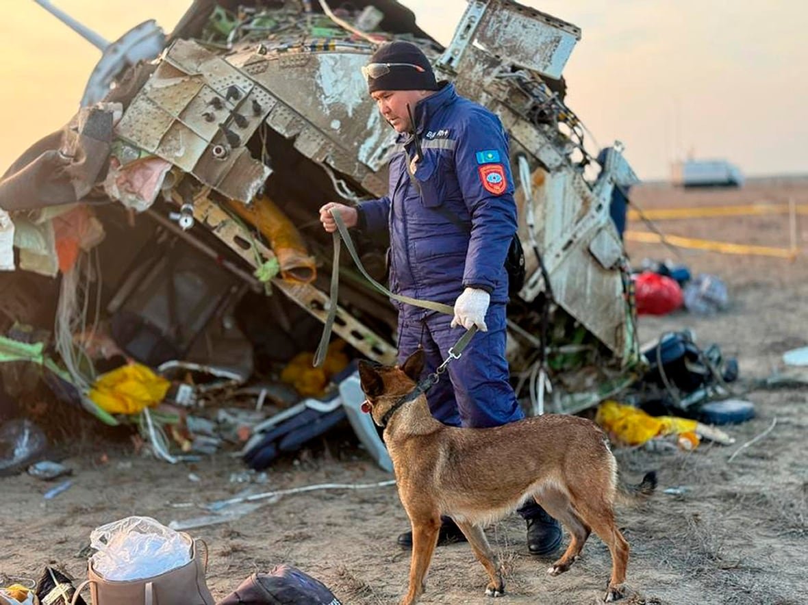 azerbaijan-airliner-crash-2 A man in a blue jumpsuit walks with a dog on a leash near the wreckage of a plane.
