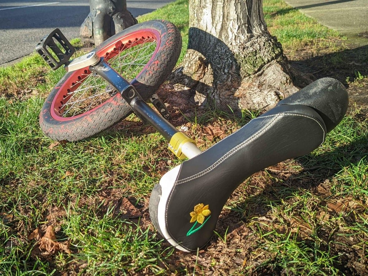 daffodil-unicycle-1 A unicycle lies on its side in a grassy area, with a yellow flower embossed on the black seat.