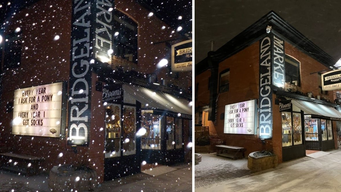 digicam-comparison-image Two images side by side show the same building labelled "bridgeland market." both images were taken on a snowy night with different devices.