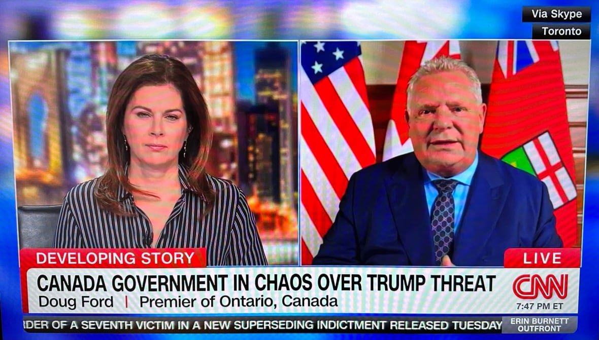 doug-ford-on-cnn Ontario Premier Doug Ford appeared on CNN's Erin Burnett OutFront on Tuesday night. He struck a more conciliatory tone about Canada-U.S. relations in the wake of U.S. President-elect Donald Trump's threat to impose a 25 per cent tariff on goods from Canada going to the U.S., saying he wants to work with the American government to resolve issues.