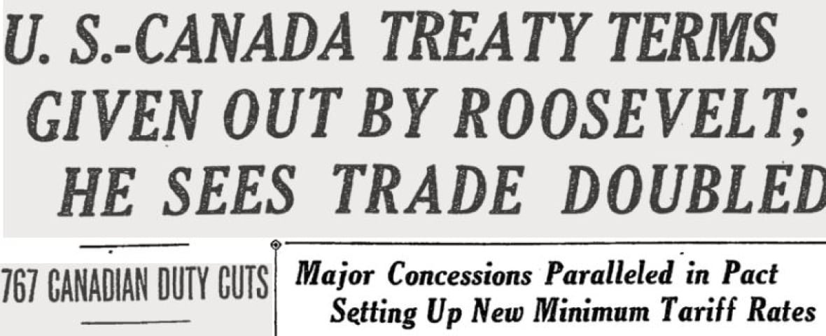times-nov-18-1935 Old newspaper headline says 'US-Canada treaty terms given out by Roosevelt: He sees trade doubled'