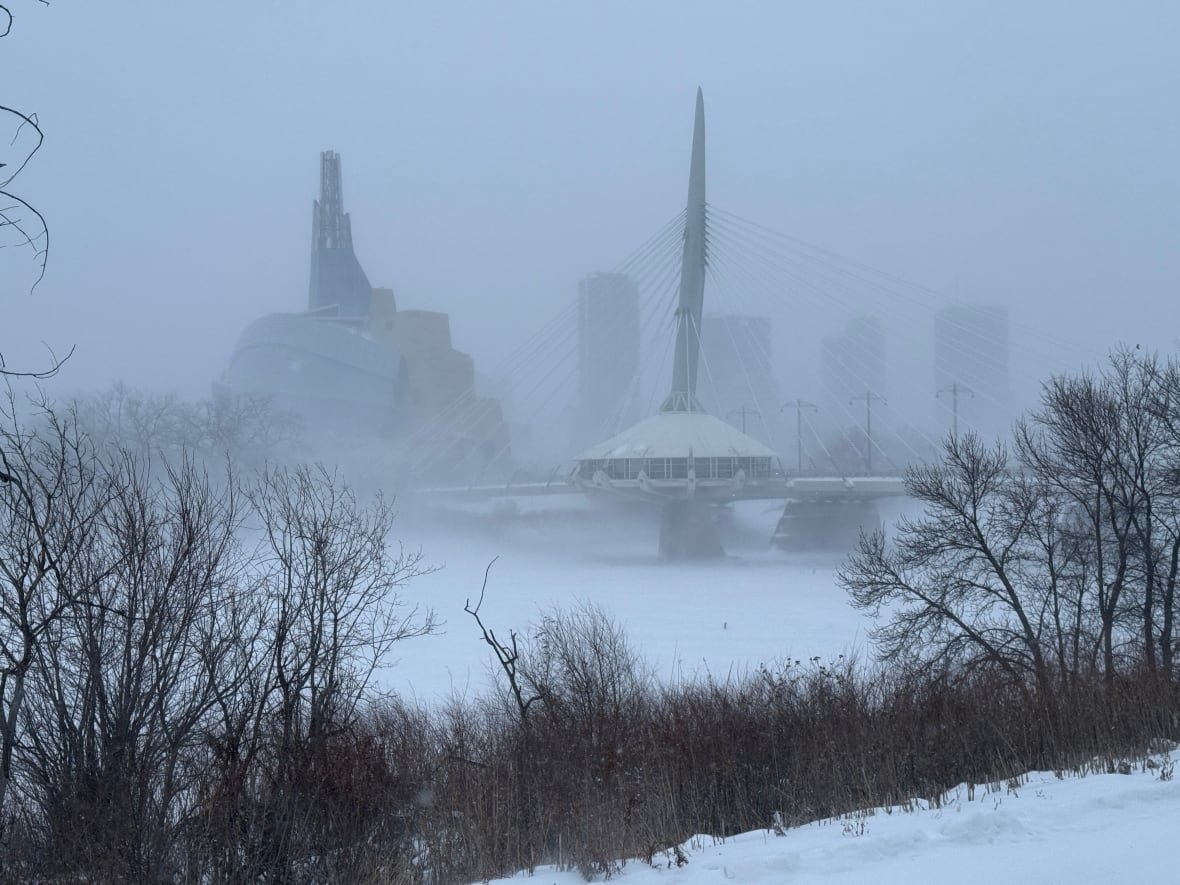 human-rights-museum-promenade-blizzard-winnipeg-jan-17-2025 A city skyline is shown on a stormy winter day.