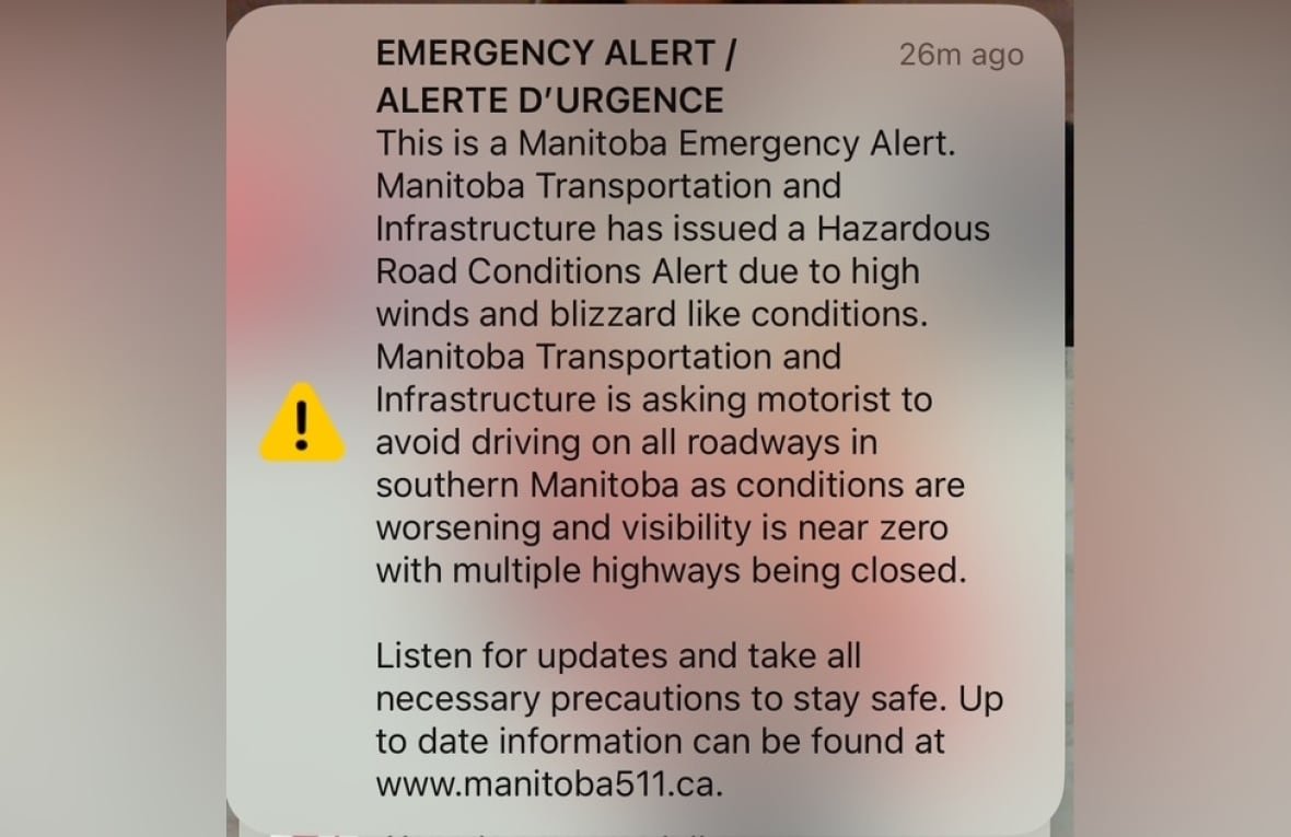 manitoba-blizzard-highways-emergency-alert-jan-17-2025 Text with the heading "Emergency Alert" warns drivers to stay off highways in southern Manitoba.