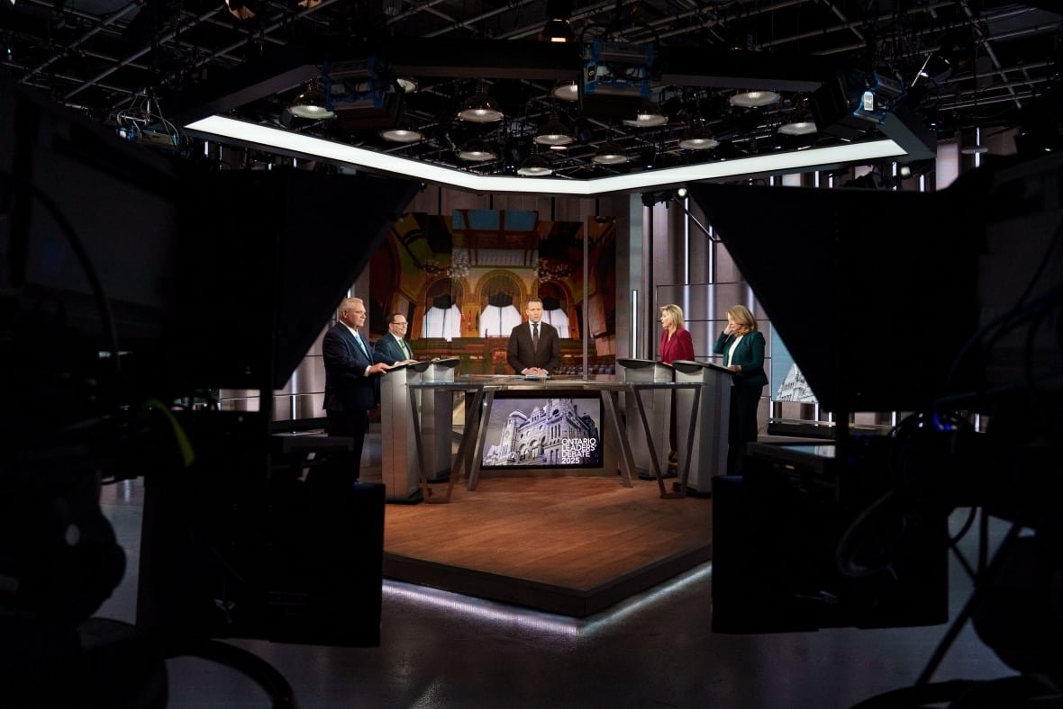 ontario-leaders-debate Progressive Conservative Leader Doug Ford, Green Party Leader Mike Schreiner, Liberal Leader Bonnie Crombie, and NDP Leader Marit Stiles are pictured during an Ontario leaders' debate, in Toronto, on Feb. 17, 2025.