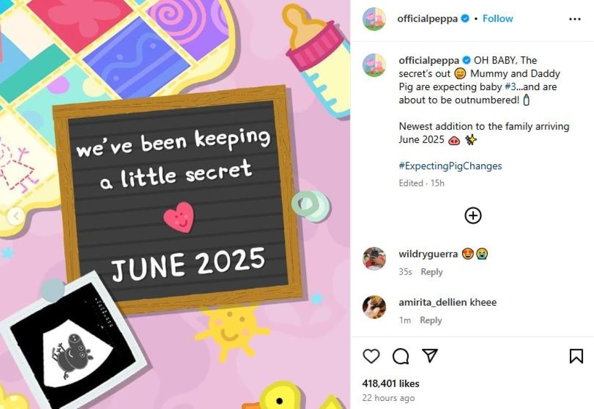 peppa-pig-instagram A photo of an instagram post of a cartoon birth announcement that says June 2025