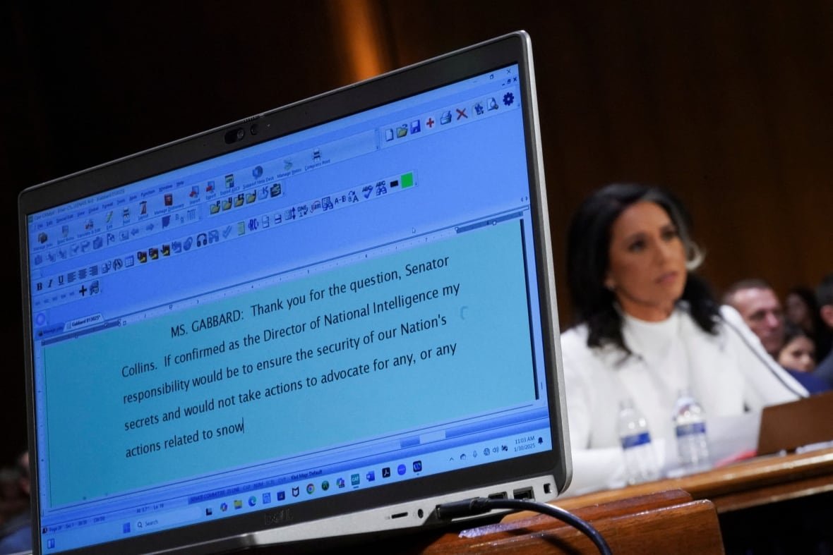 usa-trump-gabbard-2 A computer screen is shown with a seated woman in the background.
