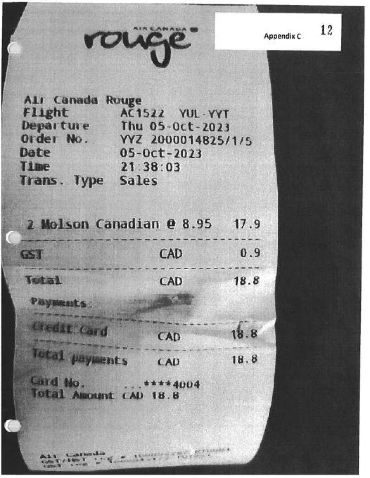 air-canada-rouge-receipt-1 Scanned copy of a receipt submitted as evidence in a court case.