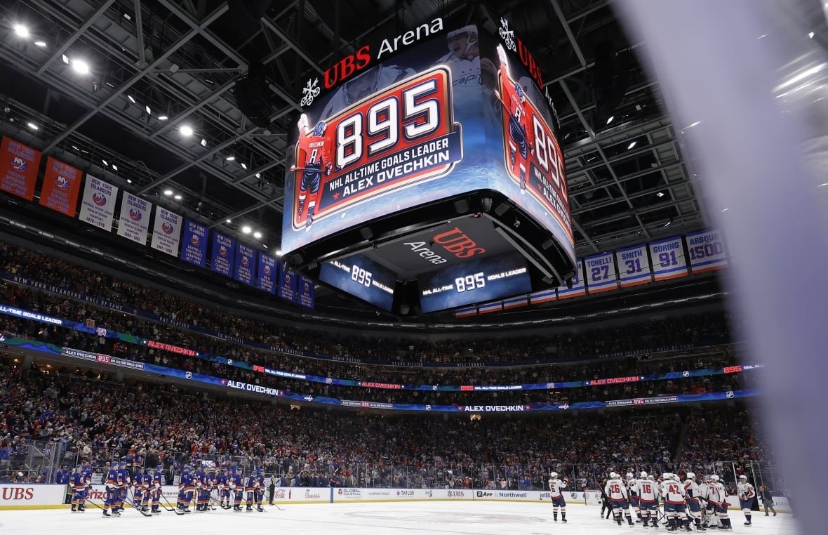 capitals-islanders-hockey-3 A jumbotron display at a hockey game says 895, indicating the career number of NHL goals Alex Ovechkin has scored.