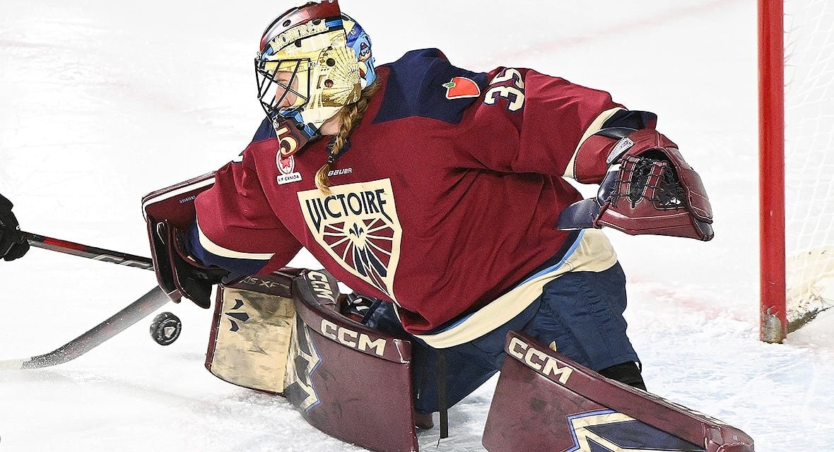 desbiens-ann-renee-250129-1180-2 Ottawa Charge player Victoria Bach is stopped by Montreal Victoire goaltender Ann-Renee Desbiens during third period Professional Women’s Hockey League action in Laval, Quebec on January 29, 2025.