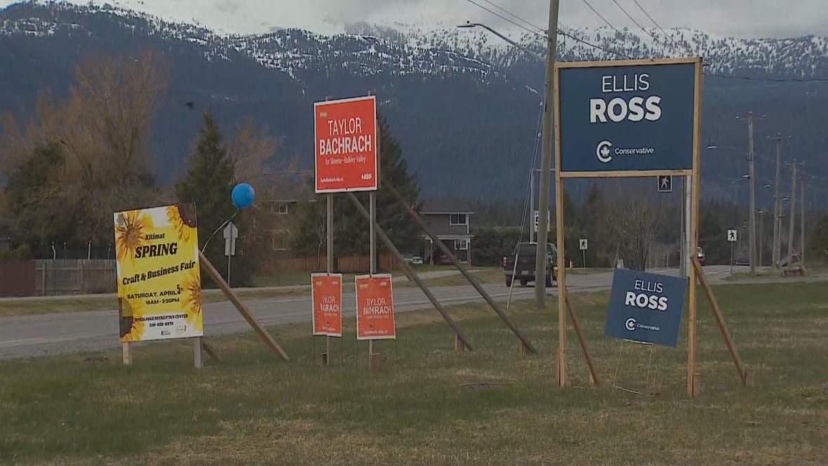 election-signs-skeena-bulkley-valley-1 SIgns for Taylor Bachrach, NDP and Ellis Ross, Conservative.