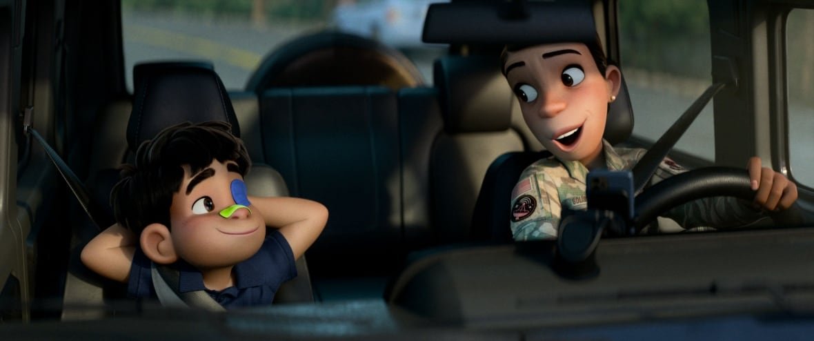 elio-7 An animated image is shown. In it, smiling boy sits next to a smiling woman in a car.