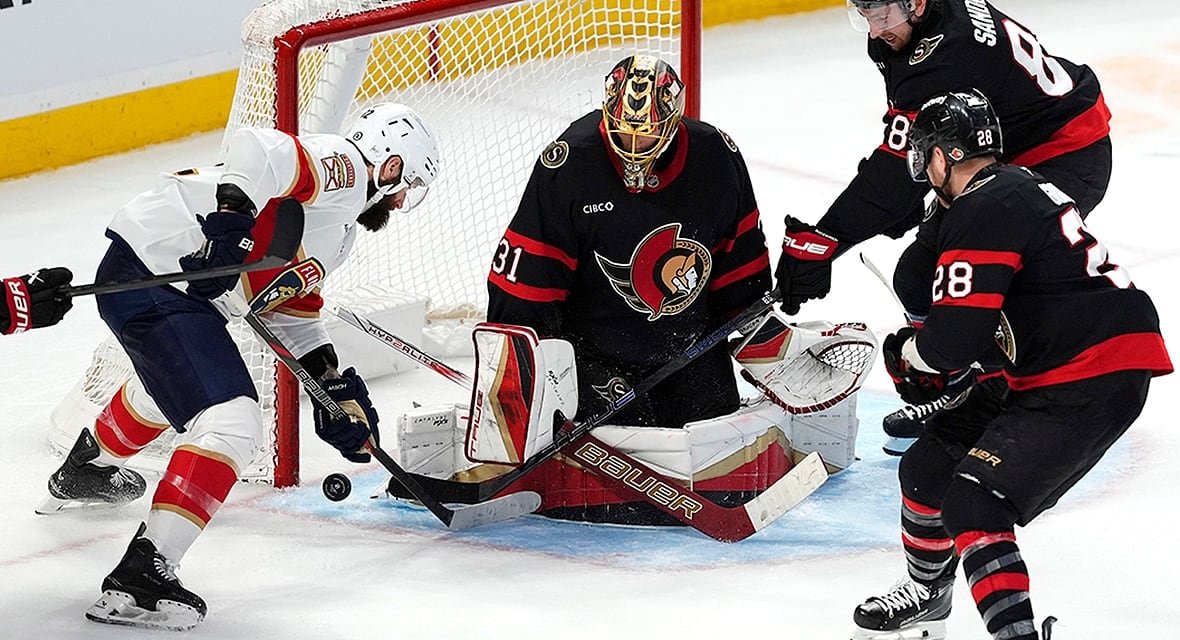 forsberg-anton-250405-1180-1 Ottawa Senators goaltender Anton Forsberg makes a save on Florida Panthers' Jonah Gadjovich during the third period of an NHL regular-season game in Ottawa on April 5, 2025.