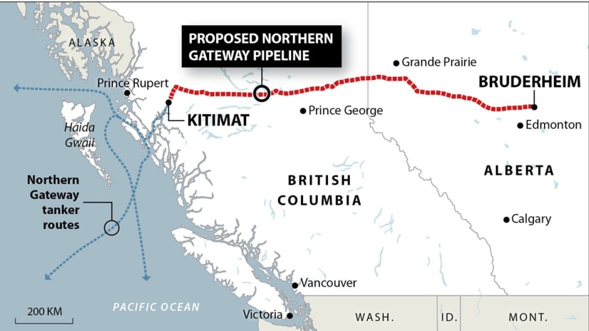 northern-gateway-pipeline-1 A map showing a proposed pipeline, travelling from Bruderheim near Edmonton to Kitimat in northwest B.C.