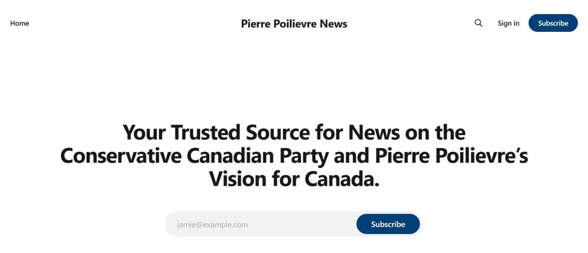 pierrepoilievrenews-ca-1 A screenshot of a basic website shows black text on a white background that reads: Pierre Poilievre News. Your Trusted Source for News on the Conservative Canadian Party and Pierre Poilievre’s Vision for Canada. It also features a search bar and a subscribe button.