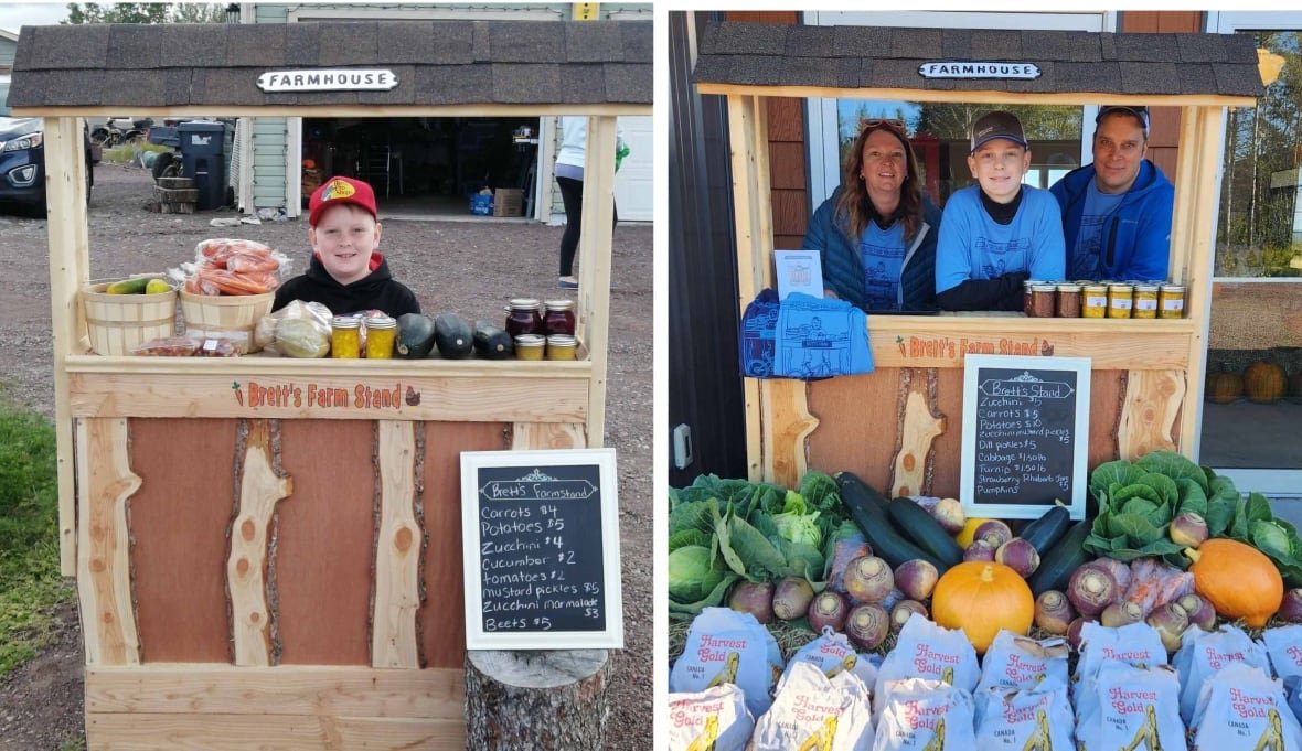 brett-stand-1 Two pictures are features of a small wooden vegetable stand. The photo on the left features a young boy with a hoodie and the picture on the right features the same boy, this time a couple years older, posing in the same stand with a man and a woman.