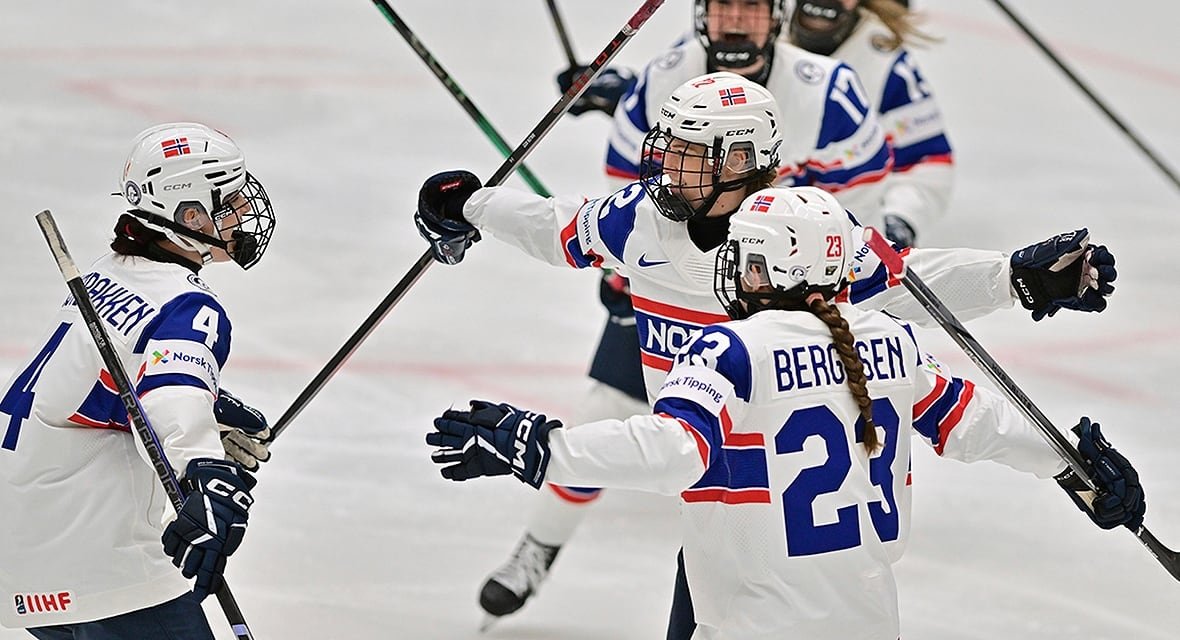 Andrea Dalen of Norway celebrates her goal during a womenâs world hockey championship preliminary-round game against Japan in Ceske Budejovice, Czech Republic on April 10, 2025.