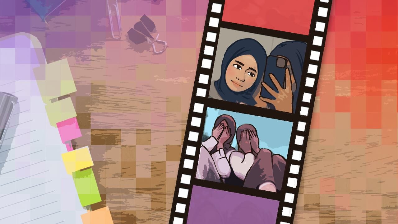 A graphic featuring two friends posing for selfies on a desk with papers.