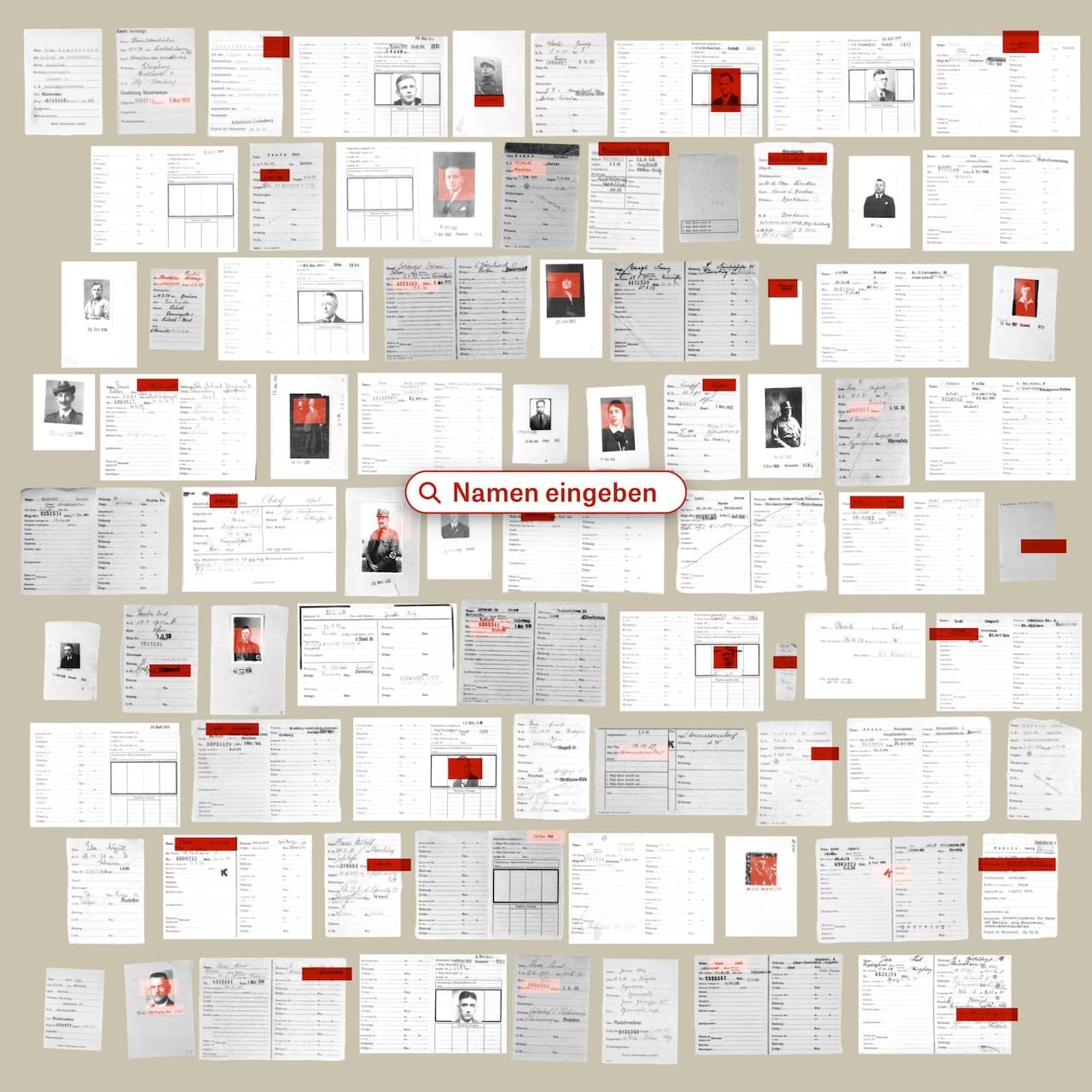 A screenshot shows a graphic of handwritten paperwork and old photographs with a search bar in the centre
