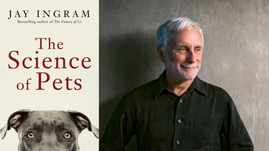 A book cover featuring a dog's head and a man in a black shirt