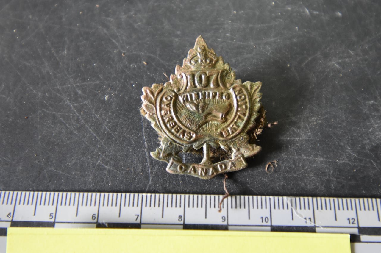 Pte. Detmold’s cap badge, identifying him as a member of the 107th Battalion.