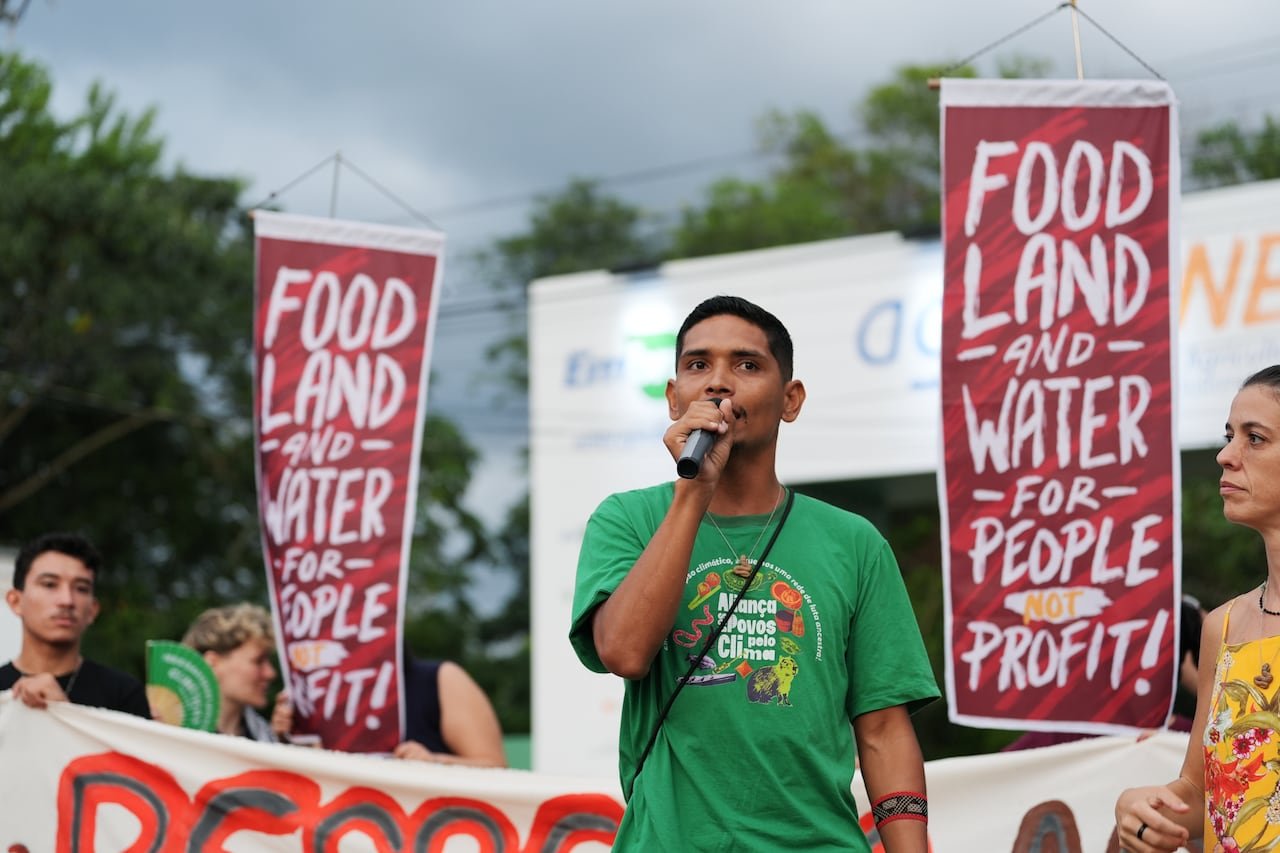 Protesters demonstrating against large agribusinesses at COP30 U.N. Climate Summit, Monday, Nov. 10, 2025, in Belém, Brazil. (AP Photo/Joshua A. Bickel)