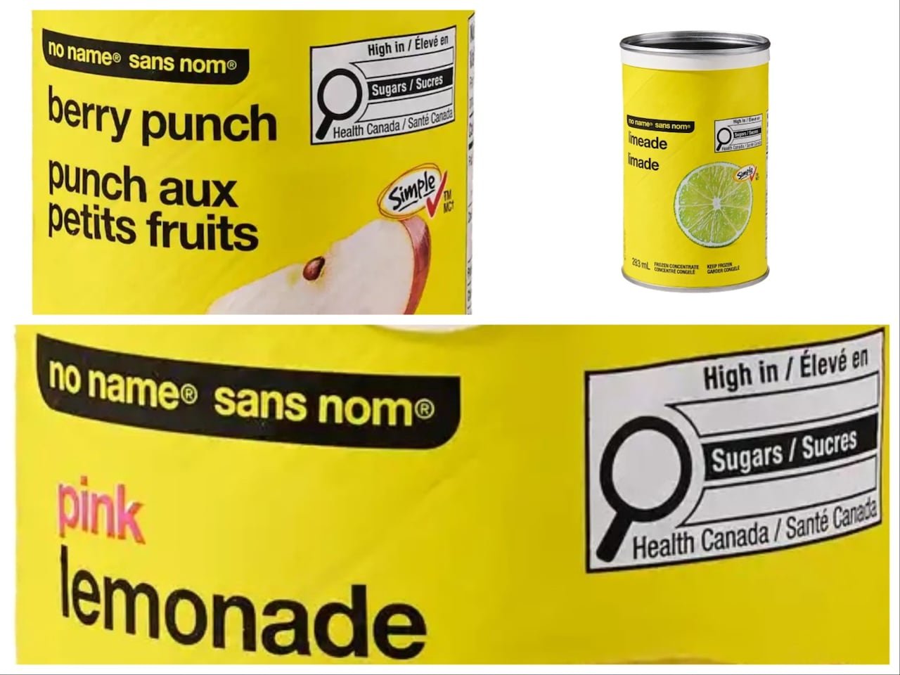 default-19 A collage of bright yellow cans with black Helvetica text, labeled limeade, pink lemonade, and berry punch.