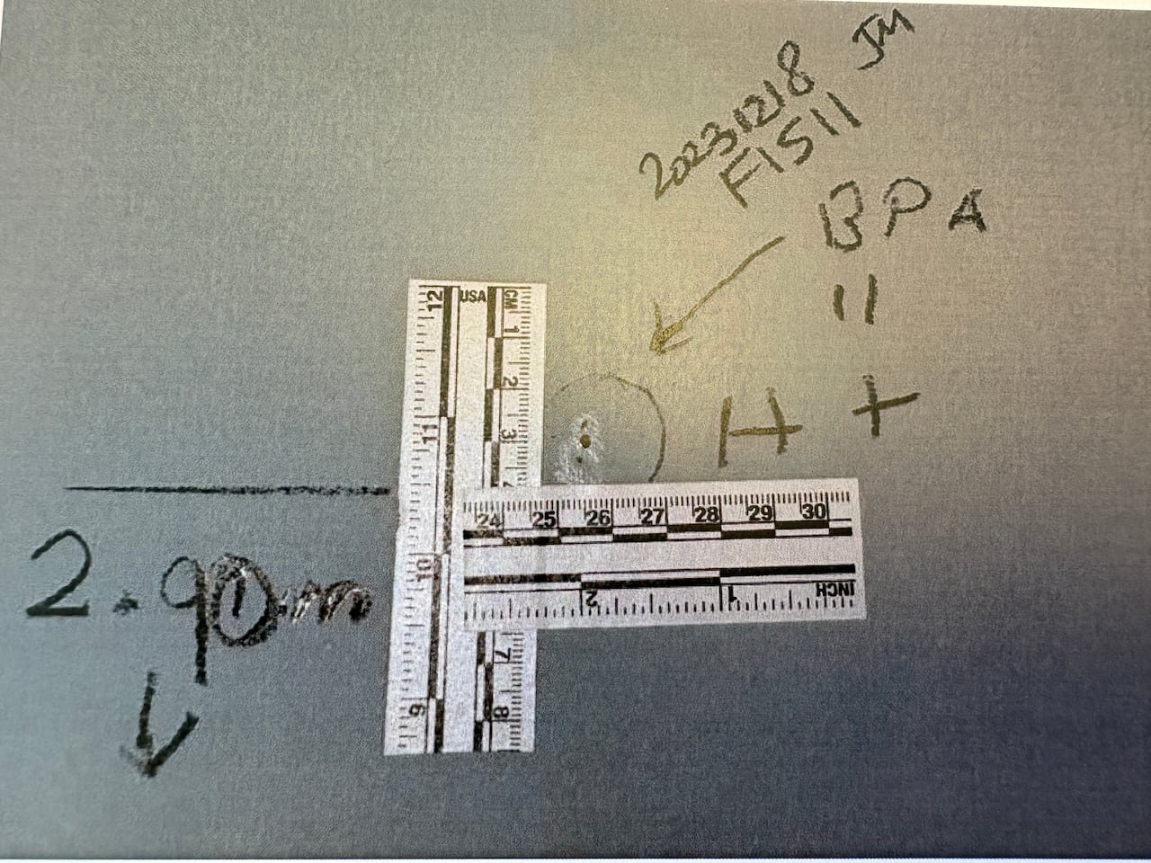 default-163 A photograph depicting a small stain on a wall inside a garage. Two paper rulers are affixed to the wall, showing the dimensions of the stain.